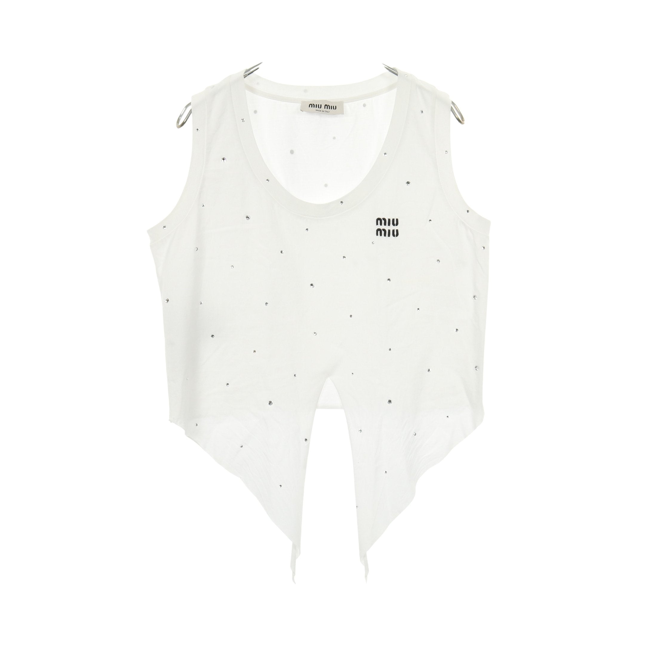 タンクトップ ロゴ刺繍 ビジュー付き コットン ホワイト ミュウミュウ