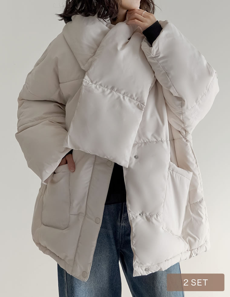 マイクロタフタマフラー付きノーカラー中綿フェイクダウンジャケット
