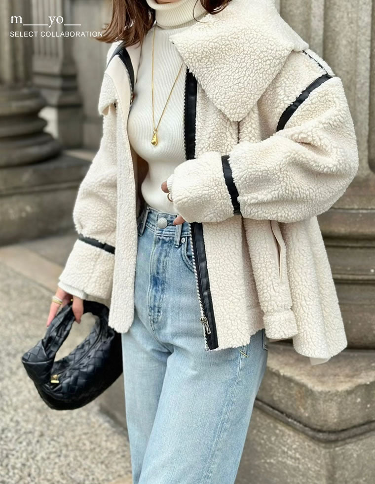 ビッグカラーフェイクレザーパイピングフレアボアコート - ジャケット