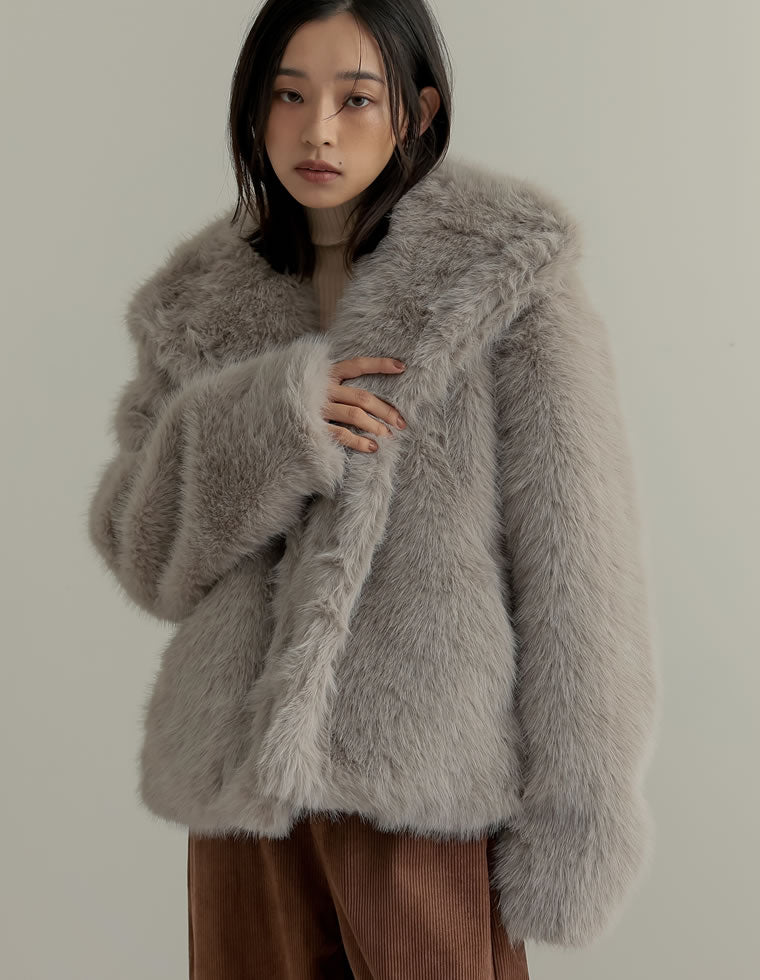 ビッグカラーフェイクファーショートコート - ジャケット/アウター通販