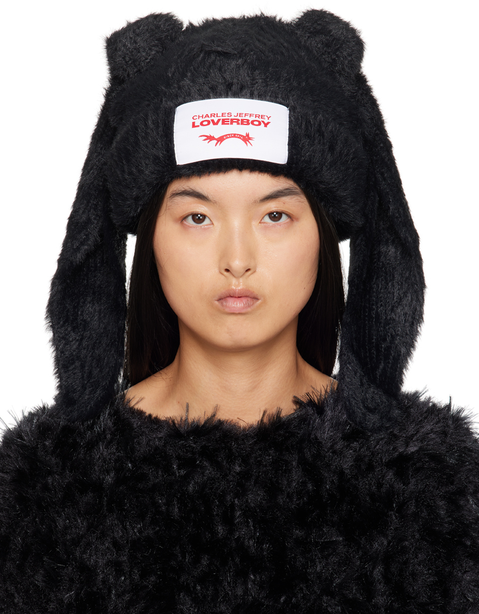 Shop Black Fluffy Chunky Rabbit Beanie on Sale at BeyondStyle