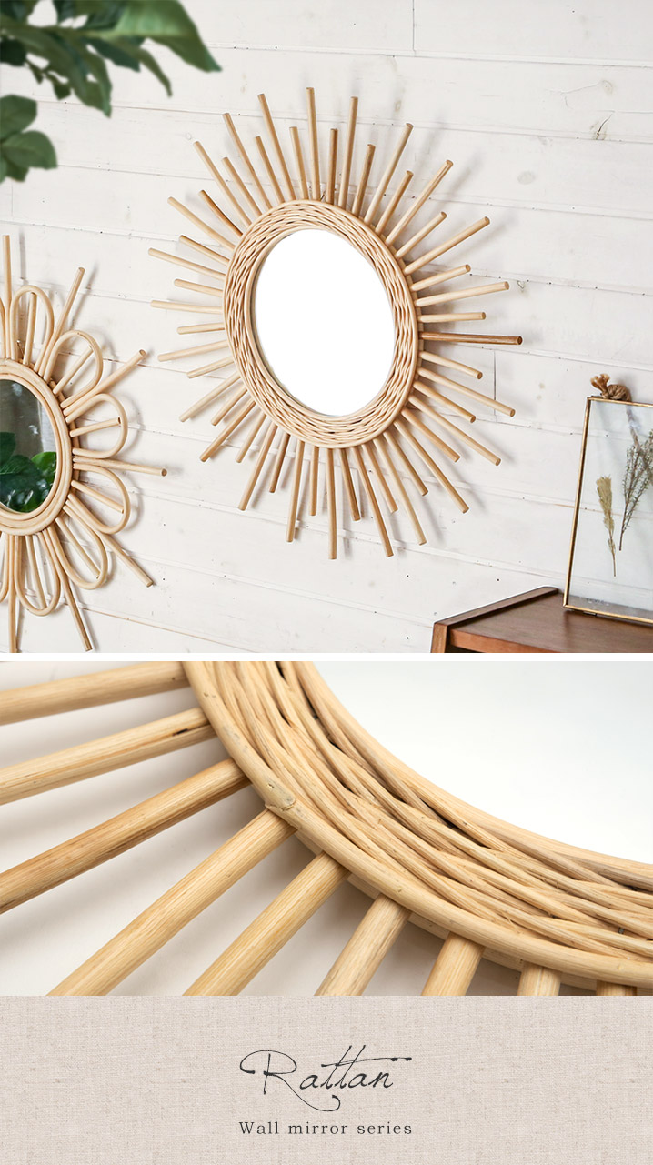 ミラー 鏡 丸型 壁掛け ラタン 直径60cm ミラー部分径23.5cm[13703