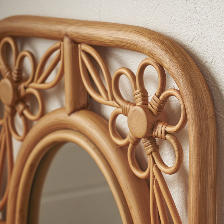 ミラー 鏡 ラタン 籐 取り付け用フック付き 約 W 32.5cm D 2cm H 42cm