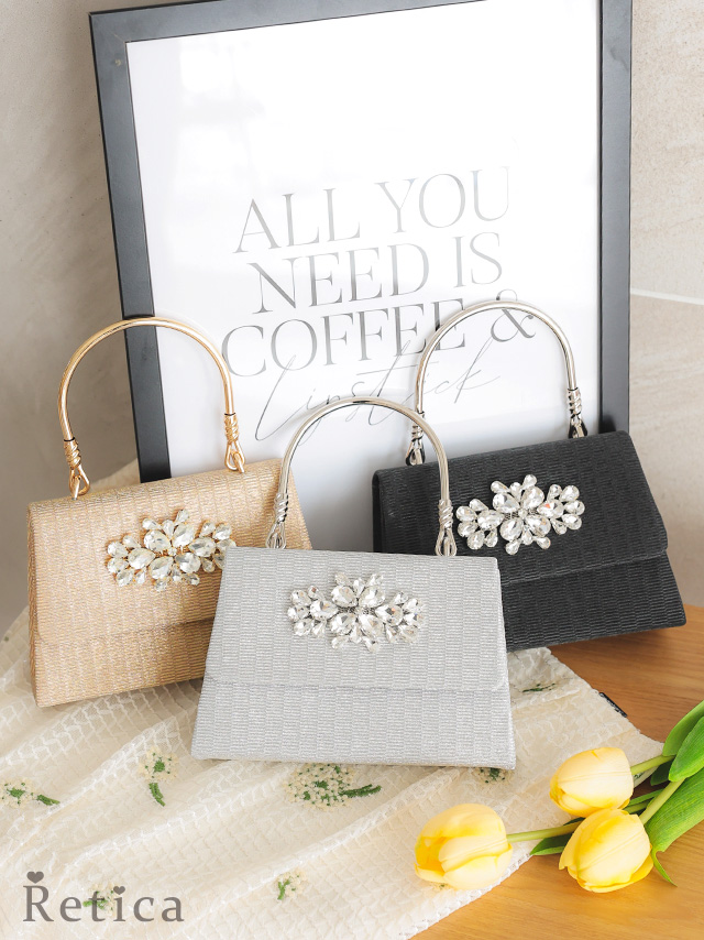 フラワービジューデザイン2Wayハンドミニバッグ(シルバー/ブラック