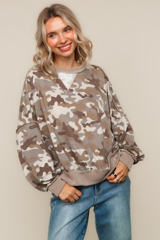 Haptics Camo Pullover Knit Top W/ Reverse Stitches Detail in Khaki