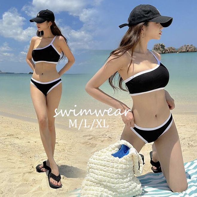 新作 レディース ビキニ 水着 白黒 ブラック バイカラー 大人 シンプル
