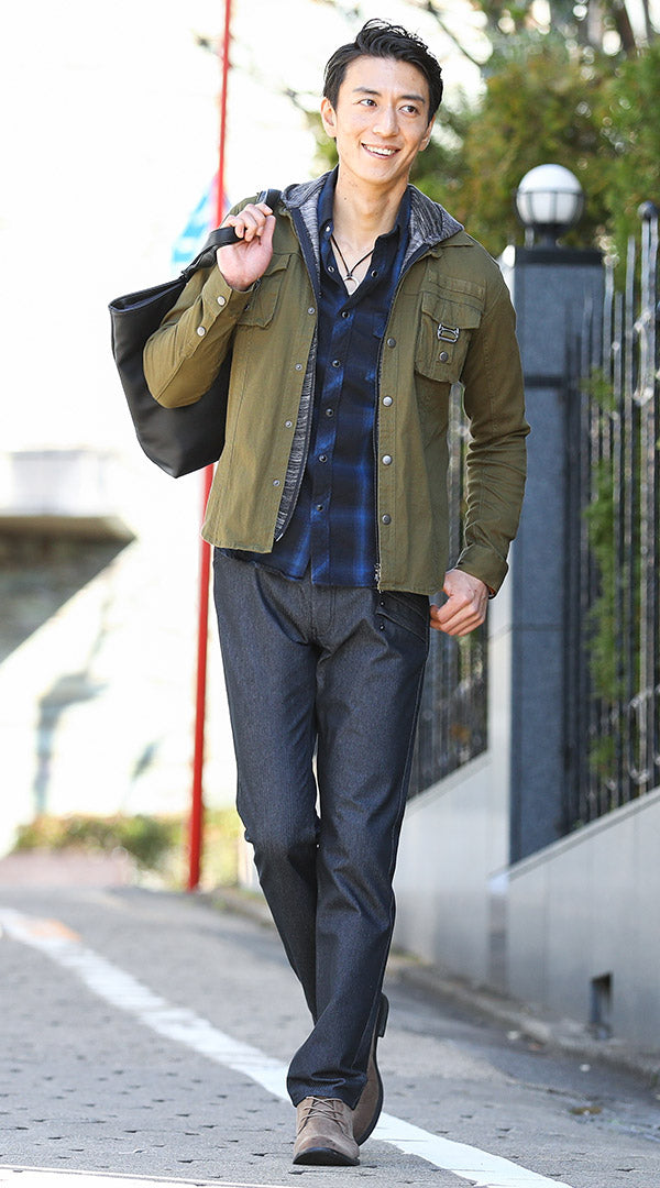 カーキジャケット 青チェックシャツ 黒パンツ snp_el0615の