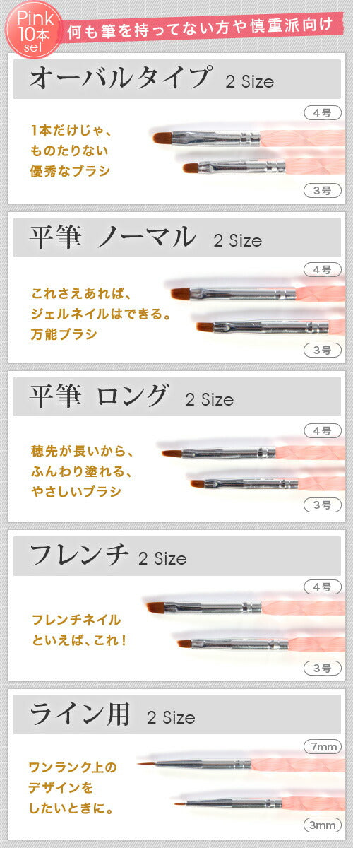メール便OK】ジェルネイル用筆10本セット 平筆、フレンチ、ラウンド