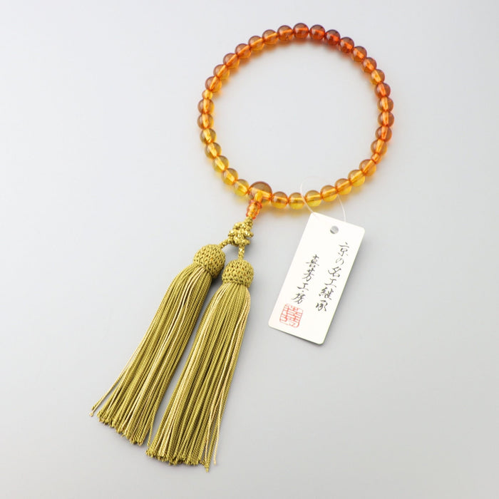 限定品】数珠 女性用 天然琥珀8mm 共仕立 正絹蛍房(オリーブに金糸