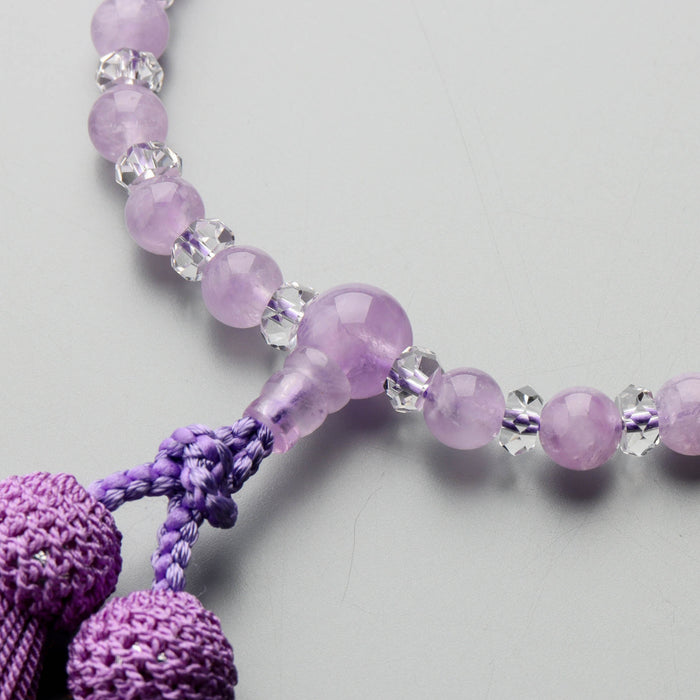 数珠 女性用 藤雲石7mm 水晶平切子コンビ 上仕立 正絹房 (藤色) — 仏壇