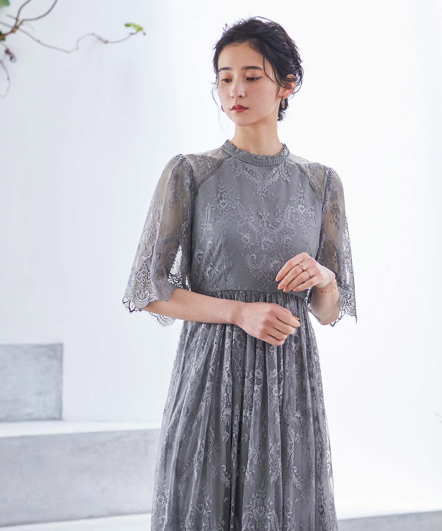 ハイネック 総レース 5分袖 結婚式ワンピース パーティードレス 成人式