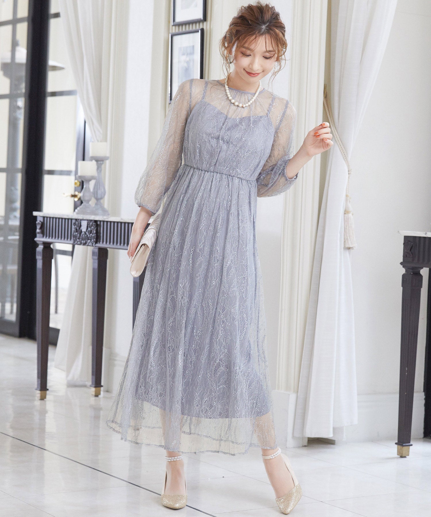総チュールレース 結婚式ワンピース パーティードレス 成人式 同窓会