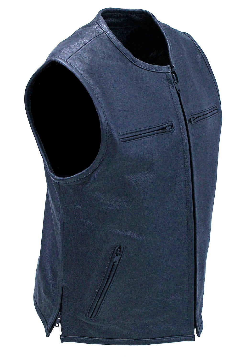 Men's Collarless Leather Zipper Club Vest with 4 Zip Pockets