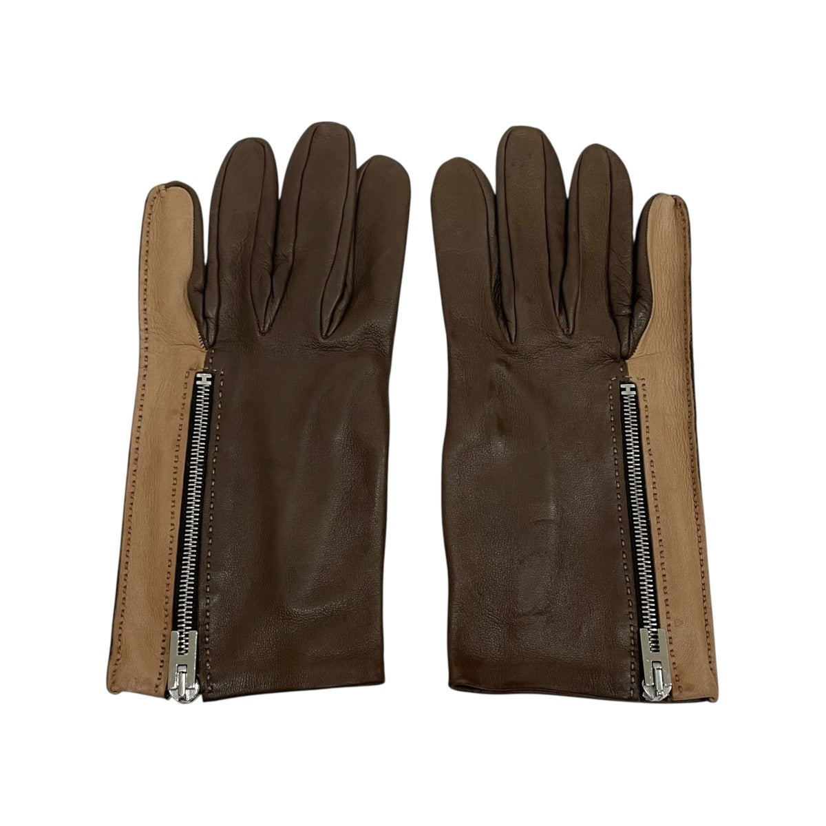 HERMES(エルメス) H LOGOジップレザーグローブ ブラウン×ベージュ