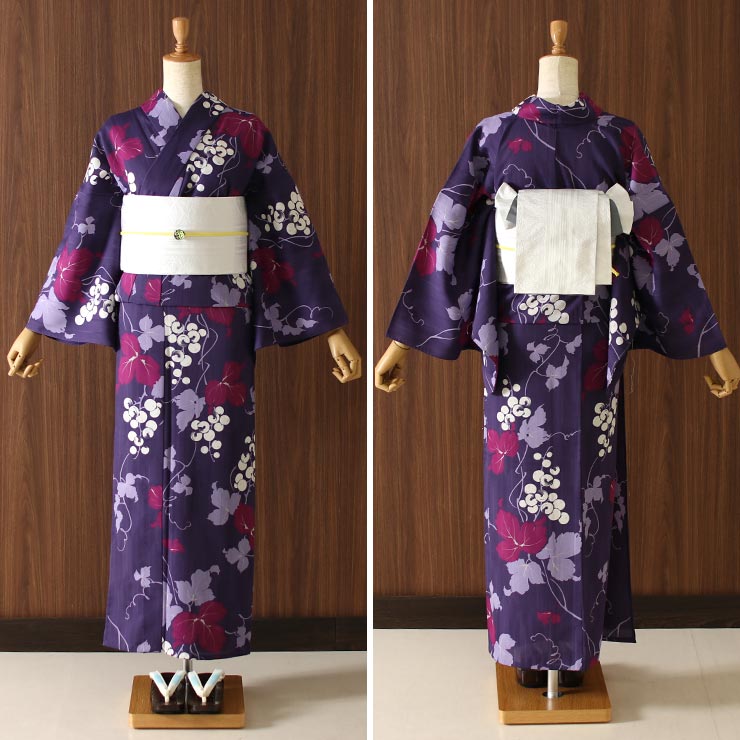 洗える 浴衣 ］仕立て上がり ゆかた 葡萄（紫）夏 高級 ポリエステル
