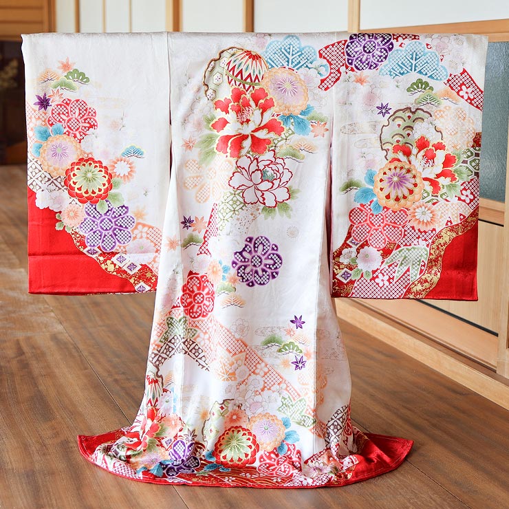 正絹] お宮参り 女の子 初着 産着 牡丹に吉祥文様 白色 ホワイト 赤 花