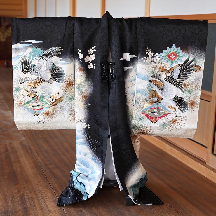 お宮参り 男の子 初着 産着 鷹に虎 黒色 正絹 のしめ 一つ身 鷹 虎 寅