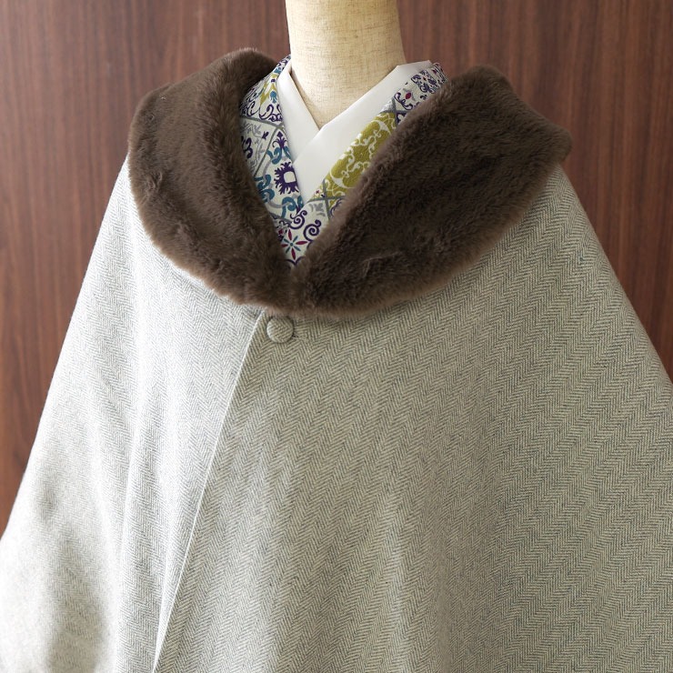 和洋兼用 JAPAN MODE 高級 ケープ コート ヘリンボーン 薄グレー