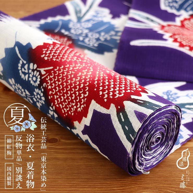 三勝」清水敬三郎好み・東京本染め/注染] 浴衣 反物 縞に撫子（紫×白