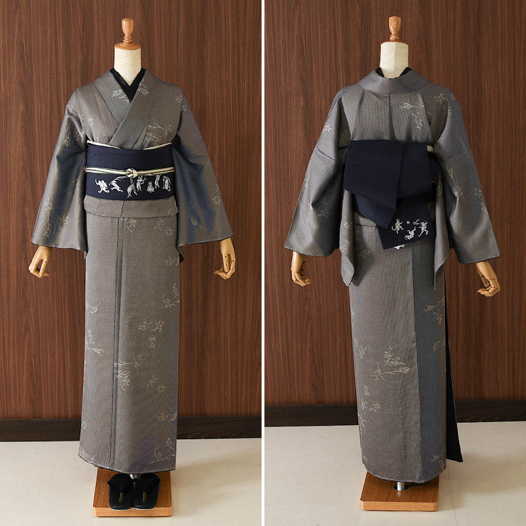 洗える着物] 袷 モダン小紋 東レ シルック きもの 鳥獣戯画 黒 日本製