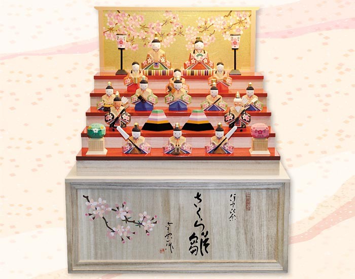 雛人形 コンパクト 木製 南雲工房 伊予一刀彫 さくら雛 十五人飾り（大