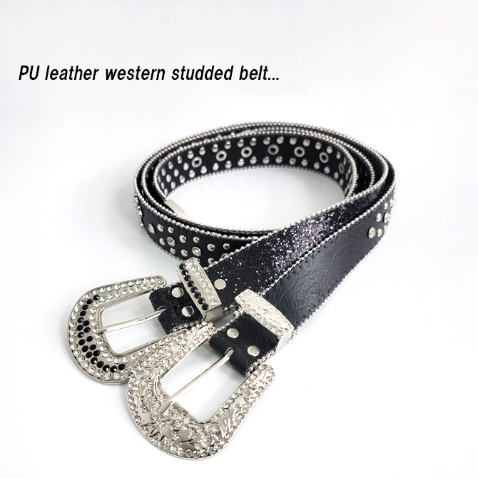 ウエスタンレザーベルト スタッズベルト ラインストーン クロス クロコ