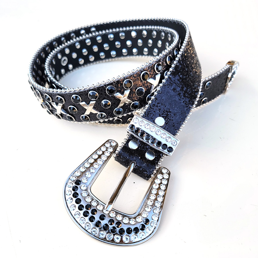 ウエスタンレザーベルト スタッズベルト ラインストーン クロス クロコ