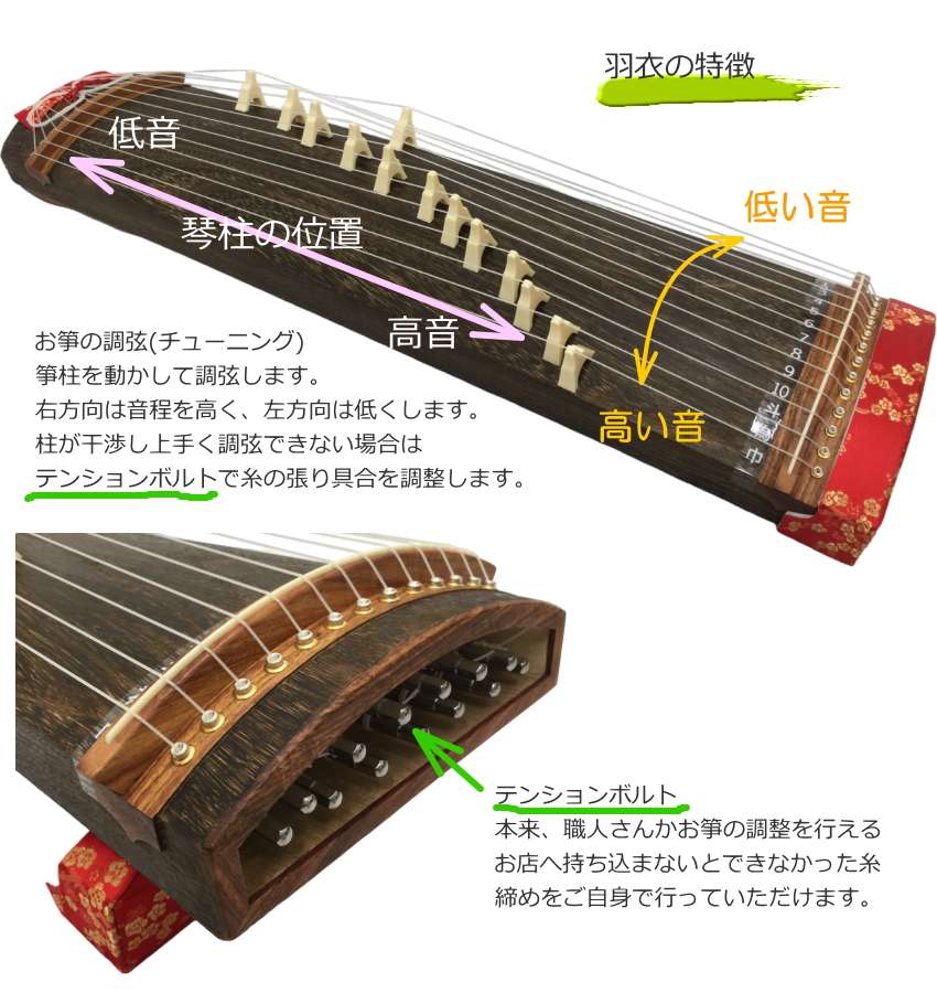 全音 文化箏 羽衣 ZK-30 琴柱を立てたまま収納可能な「立て柱ケース