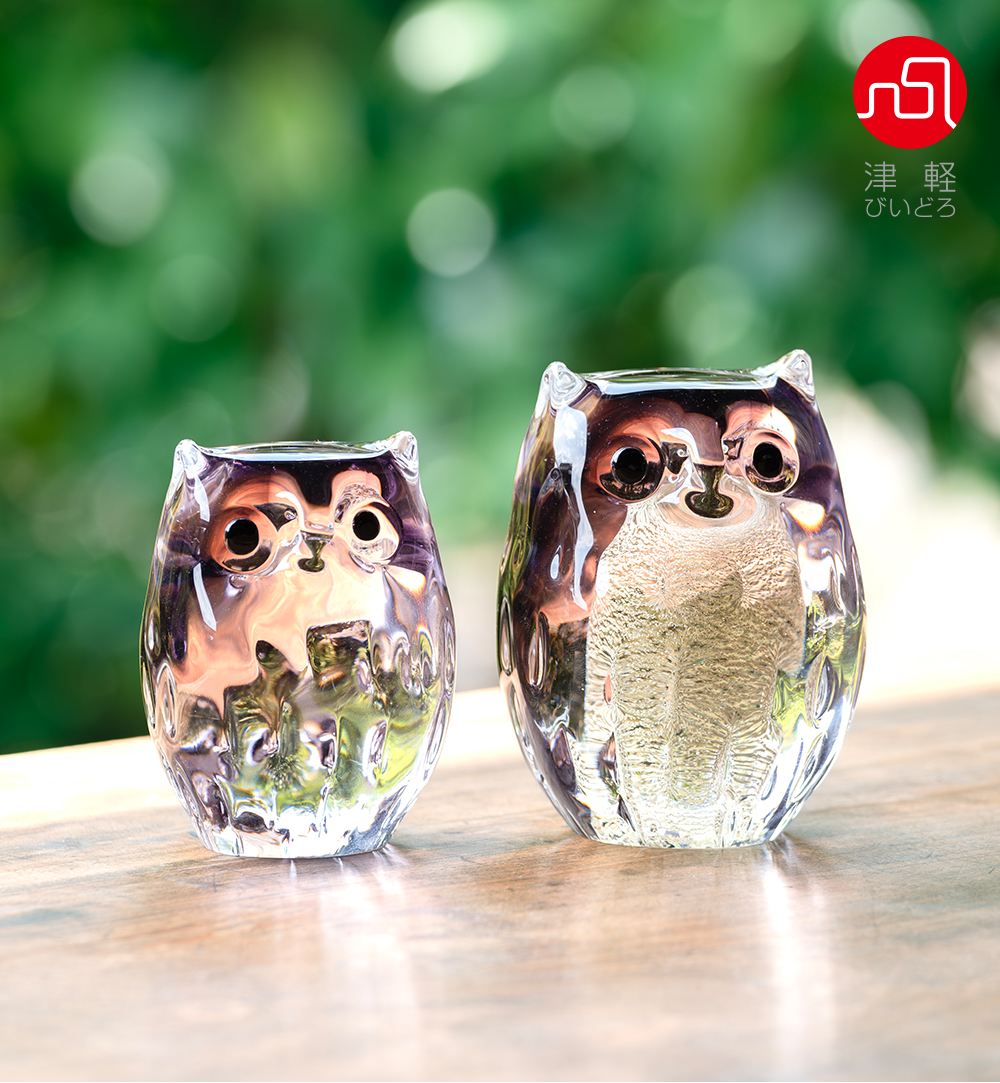 津軽びいどろ オーナメント 親ふくろう 紫暮 金箔入 日本製 化粧箱入