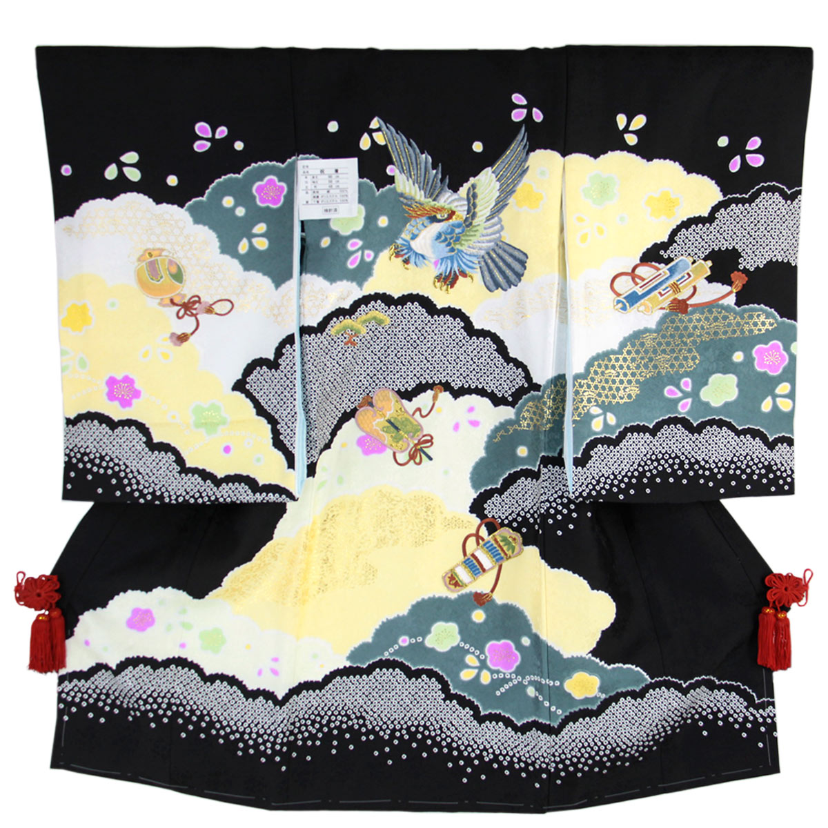 宮参り着物 -6- 熨斗目 男の子用 絹100% 刺繍 黒/紺 鷹 : あおい 正直