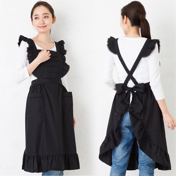 エプロンドレス 黒 かわいい おしゃれ 肩フリルレースクロスロング