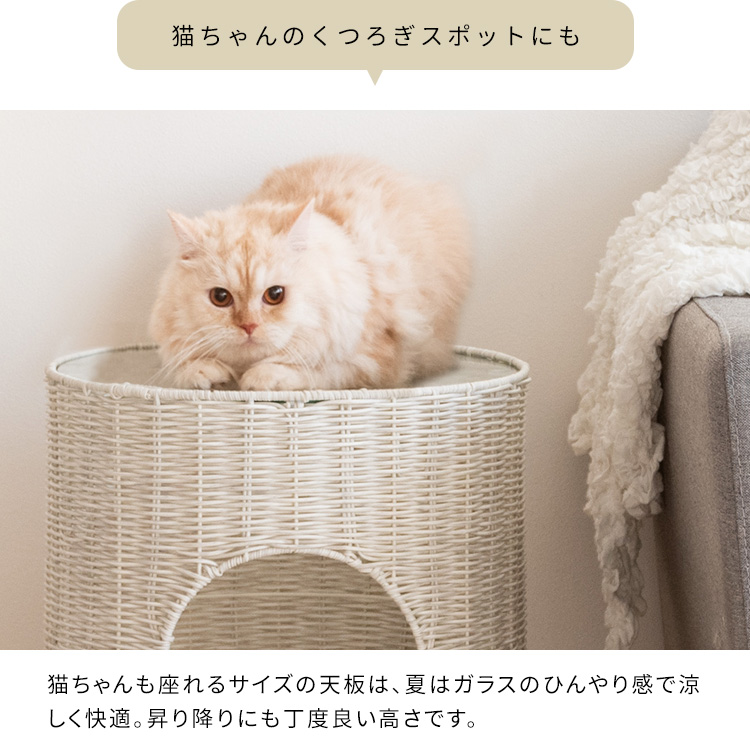 サイドテーブルにもなる ガラス天板 猫ちぐら 人工ラタン 円形 ガラス