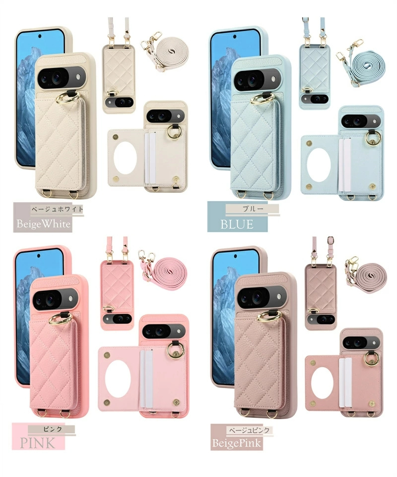 柔らかい ミラー付き キルティング スマホショルダー Google Pixel 8a
