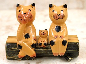 バリネコS(親子)(イエロー) 切り株付き アジアン雑貨 バリ 猫 置物