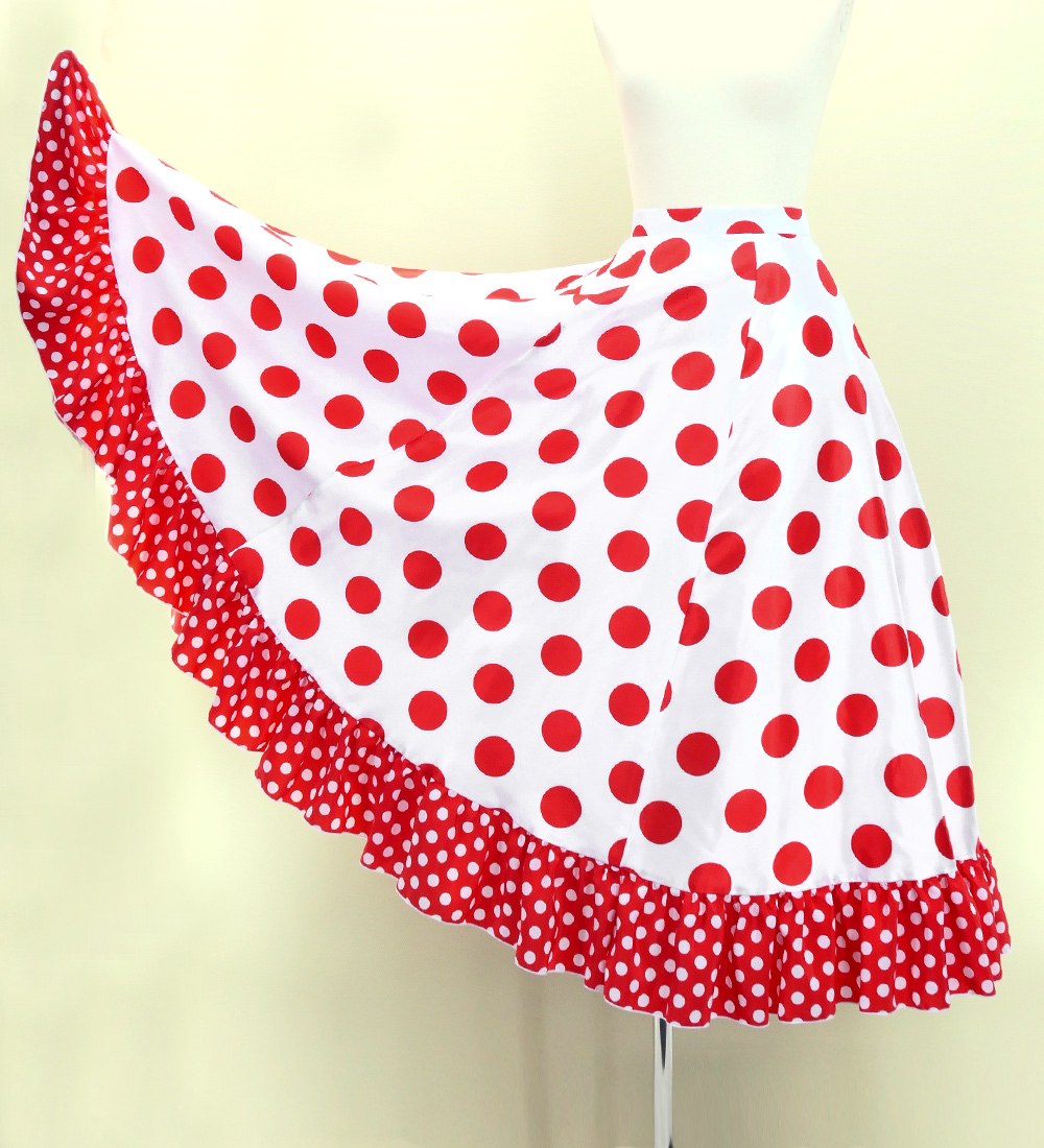 フラメンコ フリル ロングサーキュラースカート 水玉 ホワイト×レッド