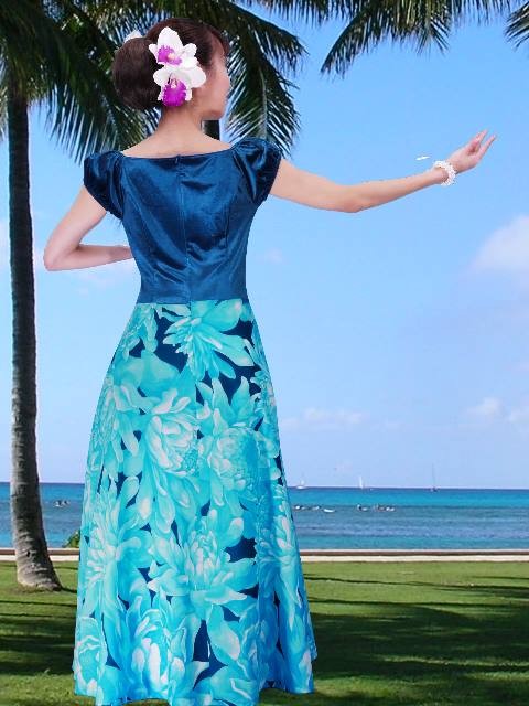 フラダンス ベロア×ハワイアンファブリックドレス ライトブルー LL