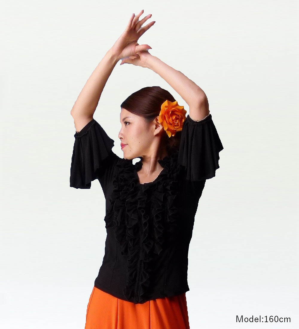 フラメンコ スタンドカラー フリルブラウス ブラック 843b : emika