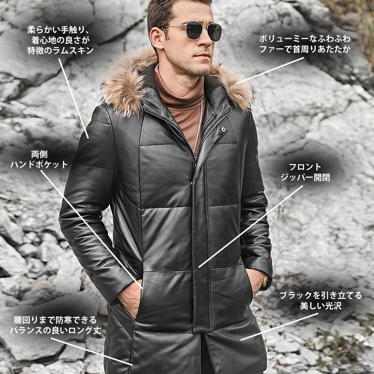 送料無料!】全10サイズ メンズ ラクーンファー付きフード本革