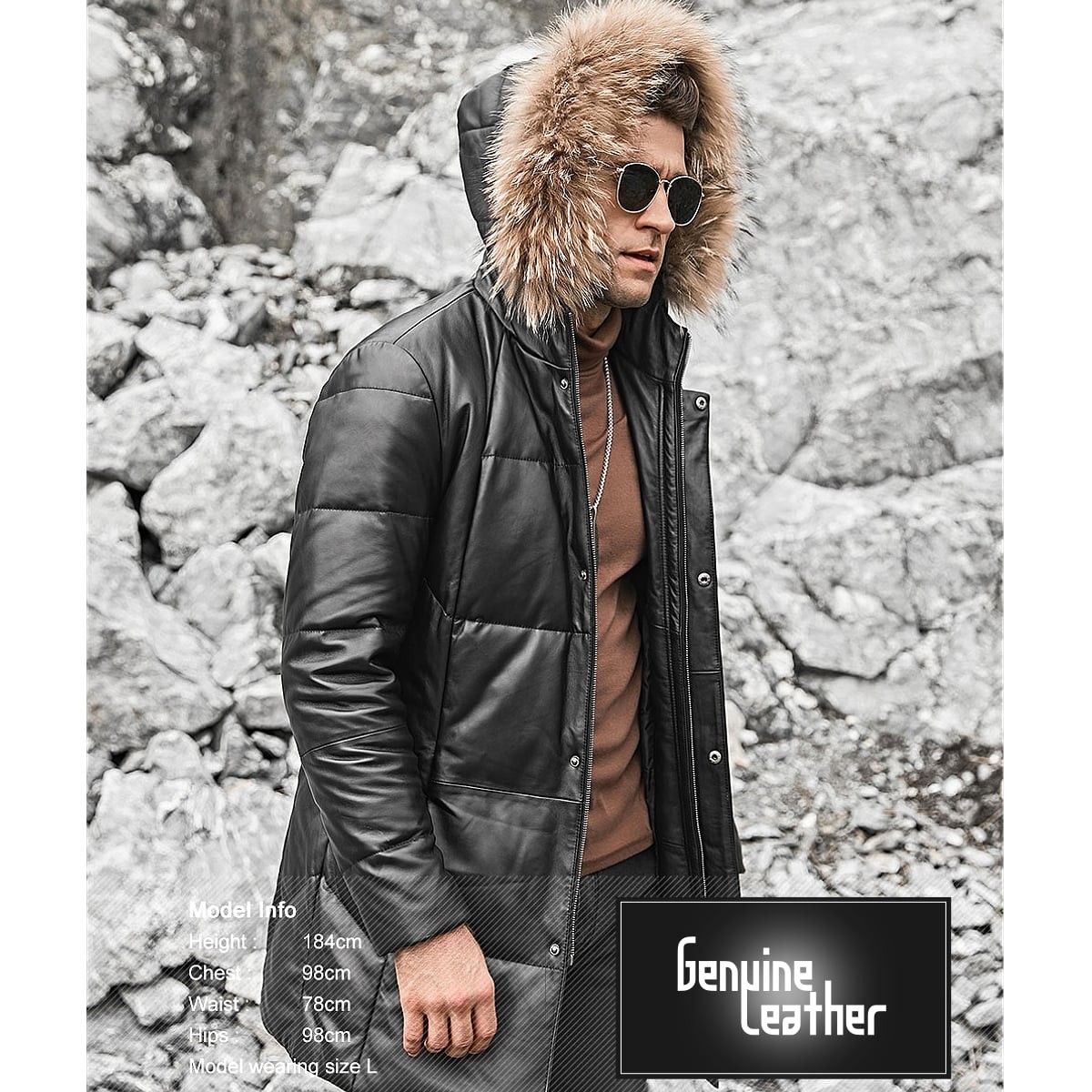 送料無料!】全10サイズ メンズ ラクーンファー付きフード本革