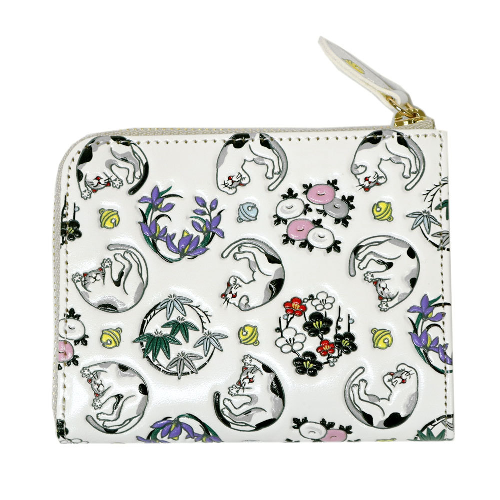 浅草文庫 財布 L字ファスナー ミニ 友禅染 猫 ネコ 三毛 ミケ 鈍 ニビ