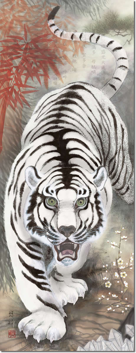 肉筆の水墨画（龍）日本画（虎）の掛け軸。 楊鴻港 絹本肉筆掛軸『猛虎