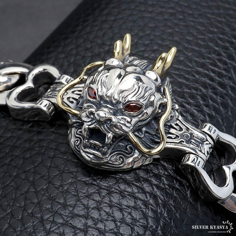 シルバー925 ド迫力 ドラゴンブレスレット ゴールド 唐草 龍