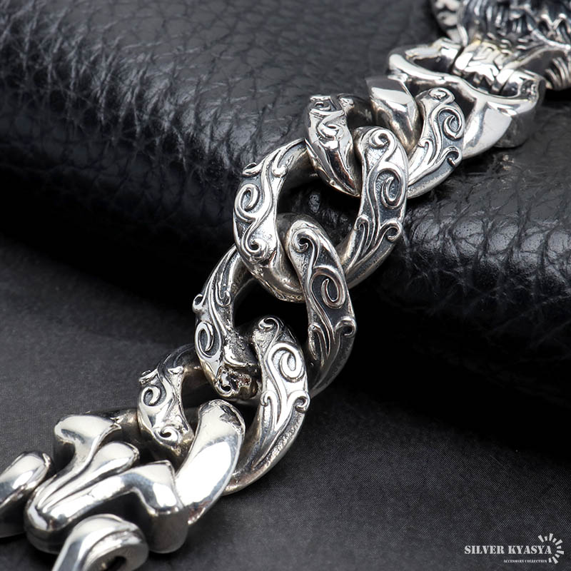 シルバー925 ド迫力 ドラゴンブレスレット ゴールド 唐草 龍