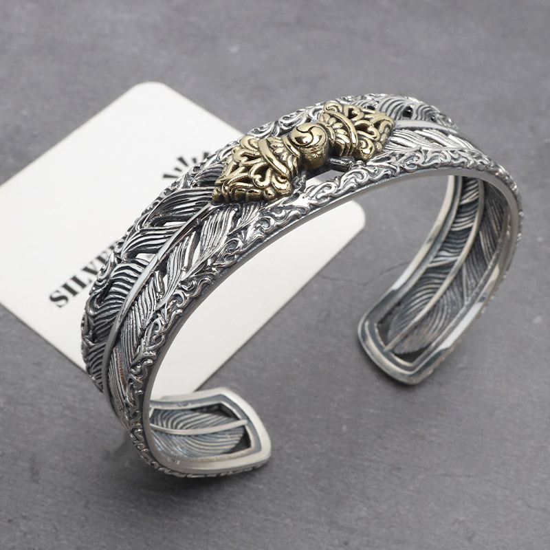 シルバー925 六字真言バングル フェザーバングル メンズ 三鈷杵 五鈷杵