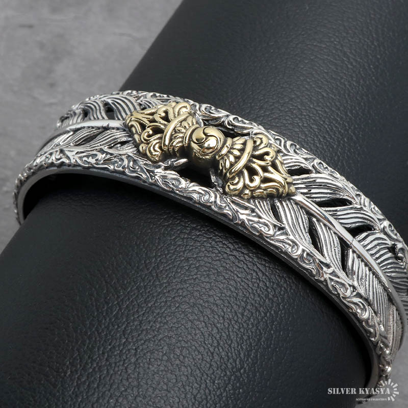 シルバー925 六字真言バングル フェザーバングル メンズ 三鈷杵 五鈷杵