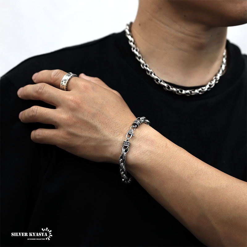 太め シルバー925 チェーンブレスレット 六字真言 金剛杵 三連