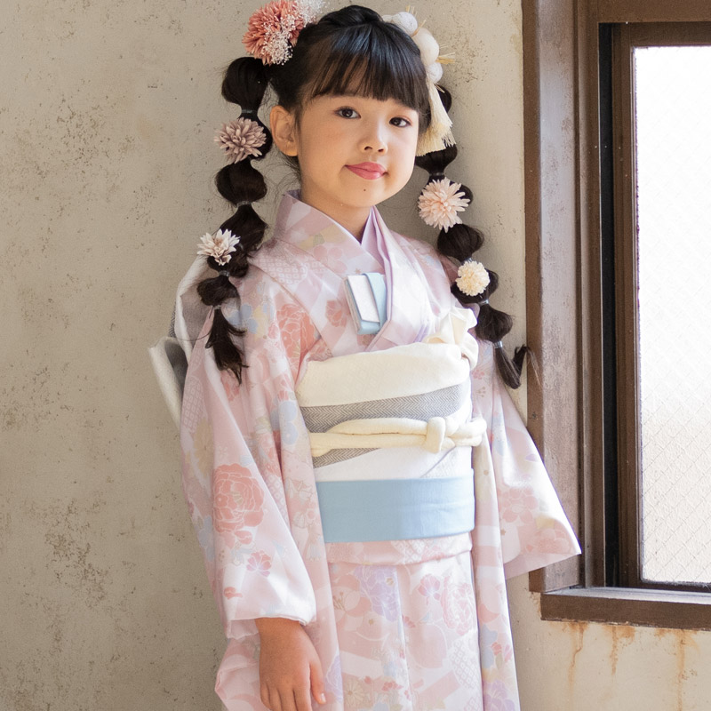 七五三 女の子 着物 7歳 購入 四つ身 バッグなしセット ピンク 水色