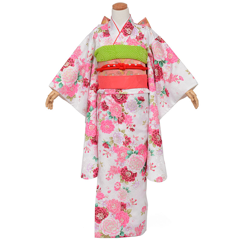お姫様セット七五三七歳女児バラ花柄 着物小物帯セット白ピンク
