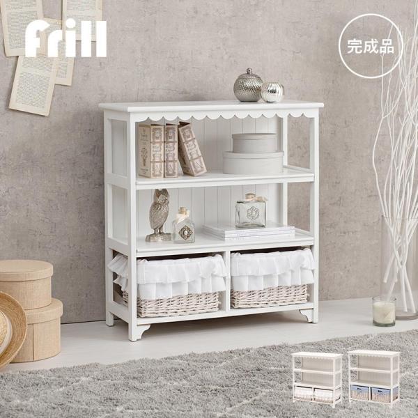 ホワイト木製キャビネット 花柄装飾 3段 スリム型 ホワイト木製