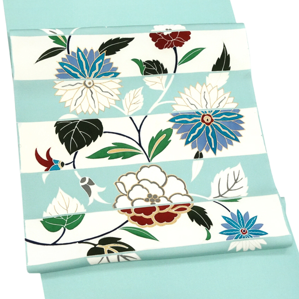 20%OFFセール 塩瀬名古屋帯 京友禅 仕立て付き 水色 正絹 染め帯 お茶